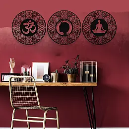 NEW JARGON Ohm, Enso Çemberi ve Meditasyon Yapan Kadın Üçlü Metal Set Duvar Dekoru İç Mekan İçin Metal Tablo 