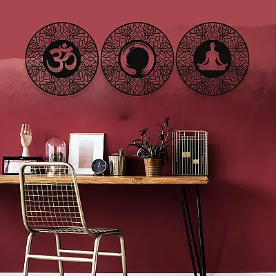 NEW JARGON Ohm, Enso Çemberi ve Meditasyon Yapan Kadın Üçlü Metal Set Duvar Dekoru İç Mekan İçin Metal Tablo 