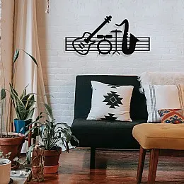 Çerçeve İçinde Jazz Music ve Piyano Gitar Davul Tasarım Metal Tablosu 70x32cm