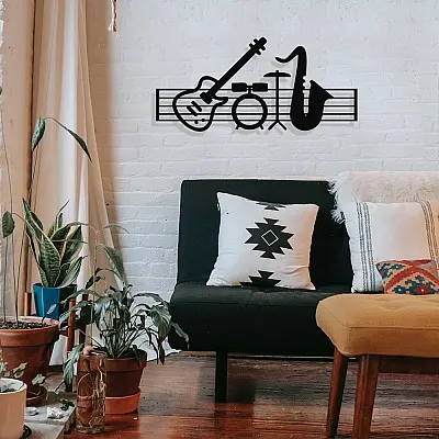 Çerçeve İçinde Jazz Music ve Piyano Gitar Davul Tasarım Metal Tablosu 70x32cm Çerçeve İçinde Jazz Music ve Piyano Gitar Davul Tasarım Metal Tablosu 70x32cm