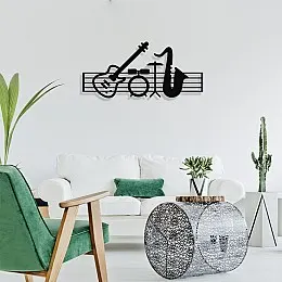 Çerçeve İçinde Jazz Music ve Piyano Gitar Davul Tasarım Metal Tablosu 70x32cm