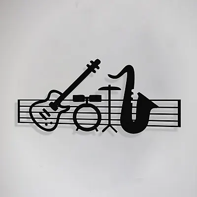 Çerçeve İçinde Jazz Music ve Piyano Gitar Davul Tasarım Metal Tablosu 70x32cm