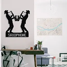 Çerçeve İçinde Jazz Saksafon Çalan Adamlar Tasarım Metal Tablosu 70x65cm