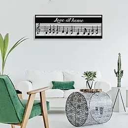 Çerçeve İçinde Love At Home ve Notalar Tasarım Metal Tablosu 70x25cm