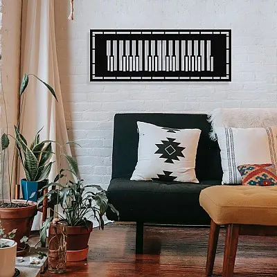 Çerçeve İçinde Modern Jazz Music ve Piyano Tasarım Metal Tablosu 70x25cm
