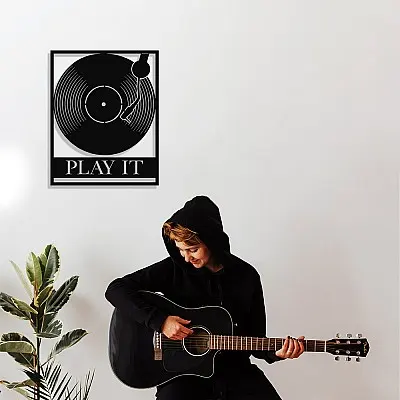 Çerçeve İçinde Plak ve Dj Set Play It Tasarım Metal Tablosu 50x40cm