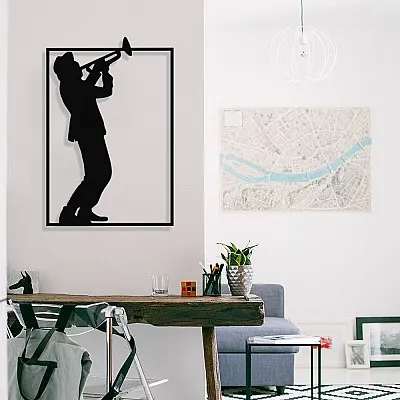 Çerçeve İçinde Saksafon Çalan Şapkalı Adam Tasarım Metal Tablosu 70x46cm