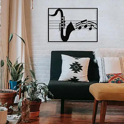 Çerçeve İçinde Saksafon ve Notalar Tasarım Metal Tablosu 70x50cm