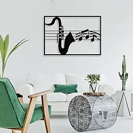 Çerçeve İçinde Saksafon ve Notalar Tasarım Metal Tablosu 70x50cm