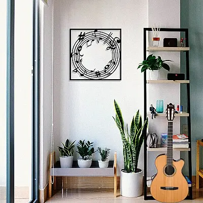 Çerçeve İçinde Yuvarlak Dönen Notalar Tasarım Metal Tablosu 50x50cm