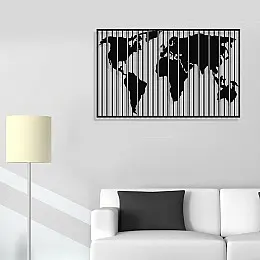 Dünya Haritası Dikey Çizgili Duvar Oda Ev Aksesuarı Metal Tablo 