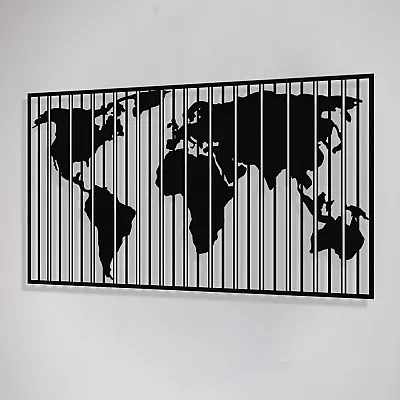 Dünya Haritası Dikey Çizgili Duvar Oda Ev Aksesuarı Metal Tablo 