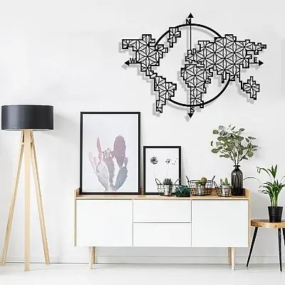 Dünya Haritası Pusula Dikdörtgen Yaşam Çiçeği Metal Tablo