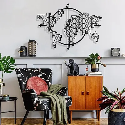 Dünya Haritası Pusula Dikdörtgen Yaşam Çiçeği Metal Tablo