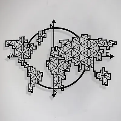 Dünya Haritası Pusula Dikdörtgen Yaşam Çiçeği Metal Tablo