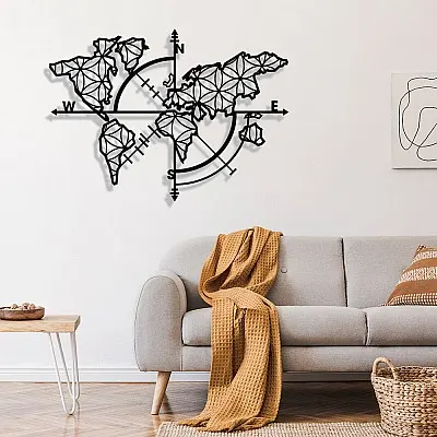 Dünya Haritası Pusula Yaşam Çiçeği Duvar Oda Ev Aksesuarı Metal Tablo 