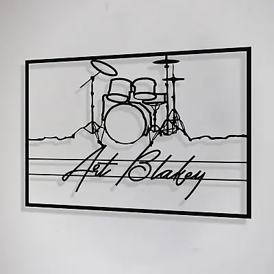 Jazz Müzik Davul ve Art Blakey Çerçeveli Tasarım Metal Tablosu 65x47cm