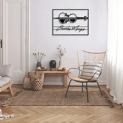 Jazz Müzik Kontrbas ve Charles Mingus Çerçeveli Tasarım Metal Tablosu 65x47cm