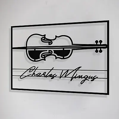 Jazz Müzik Kontrbas ve Charles Mingus Çerçeveli Tasarım Metal Tablosu 65x47cm