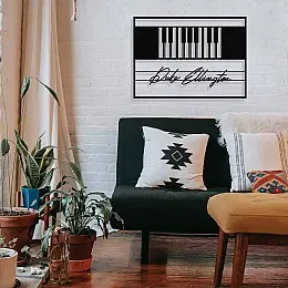 Jazz Müzik Piyano ve Duke Ellington Çerçeveli Tasarım Metal Tablosu 65x47cm