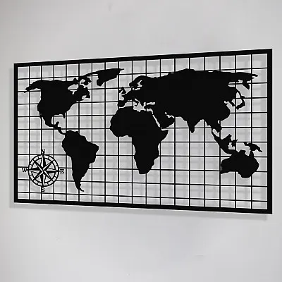 Kareli Dünya Haritası Duvar Dekoru Oda Ev Aksesuarı Metal Tablo 