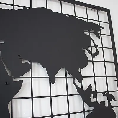 Kareli Dünya Haritası Duvar Dekoru Oda Ev Aksesuarı Metal Tablo 