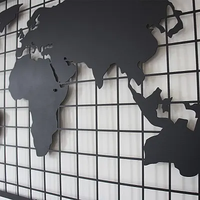 Kareli Dünya Haritası Duvar Dekoru Oda Ev Aksesuarı Metal Tablo 