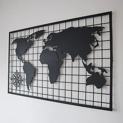 Kareli Dünya Haritası Duvar Dekoru Oda Ev Aksesuarı Metal Tablo 