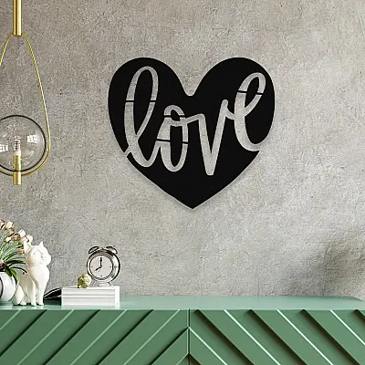 Love Yazılı Kalp Duvar Oda Ev Aksesuarı Metal Tablo 50x50 cm