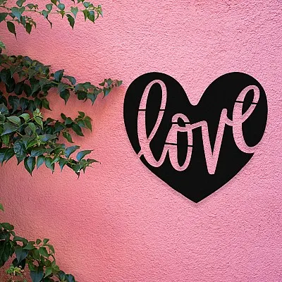 Love Yazılı Kalp Duvar Oda Ev Aksesuarı Metal Tablo 50x50 cm
