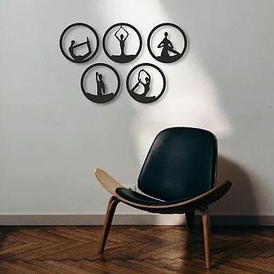 NEW JARGON 5'li Yoga Hareketleri Metal Duvar Dekoru İç Mekan İçin Metal Tablo 5 Adet 34x34 Cm