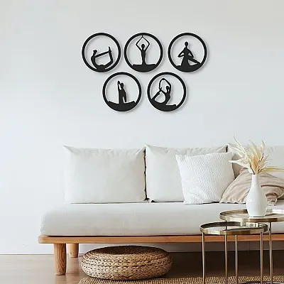 NEW JARGON 5'li Yoga Hareketleri Metal Duvar Dekoru İç Mekan İçin Metal Tablo 5 Adet 34x34 Cm