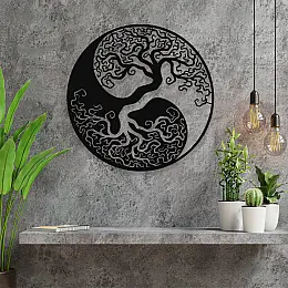 NEW JARGON Siyah ve Beyaz Yin Yang ve Ağaç Figürü Simgesi Metal Dekoratif İç Mekan İçin Metal Tablo 50x50 cm