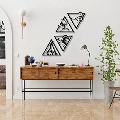 Üçgen Şeklinde Dört Element Seti Duvar Oda Ev Aksesuarı Metal Tablo 