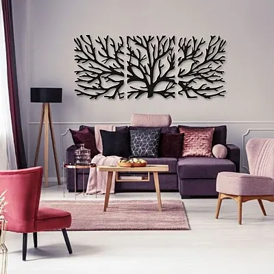 Üçlü Ağaç Set Duvar Oda Ev Aksesuarı Metal Tablo,Metal duvar tablosu ,Metal Duvar Süsü
