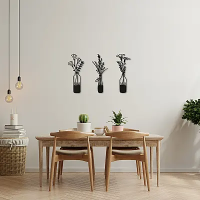 Üçlü Çieçek Duvar Oda Ev Aksesuarı Metal Tablo 