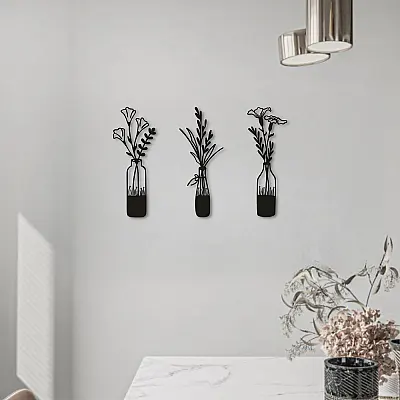 Üçlü Çieçek Duvar Oda Ev Aksesuarı Metal Tablo 