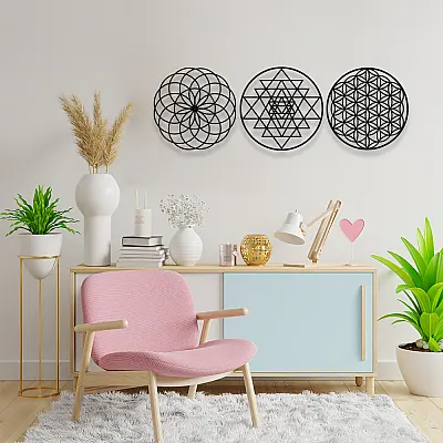 NEW JARGON Yaşam Çiçeği Üçlü Dekor  Set Dekoratif İç Mekan İçin Metal Tablo 