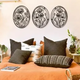 Oval Çiçek Desenli 3’lü Metal Duvar Dekoru Seti