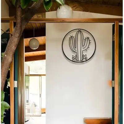 Metal Kaktüs Duvar Sanatı, Minimalist Yuvarlak Duvar Dekoru, Oturma Odası İçin Bohem Çöl Temalı Sanat, Modern Siyah Metal Duvar Süsü, Ev Dekoru Tutkunlarına Hediye