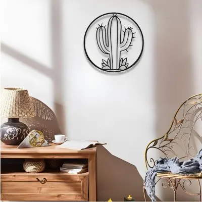Metal Kaktüs Duvar Sanatı, Minimalist Yuvarlak Duvar Dekoru, Oturma Odası İçin Bohem Çöl Temalı Sanat, Modern Siyah Metal Duvar Süsü, Ev Dekoru Tutkunlarına Hediye