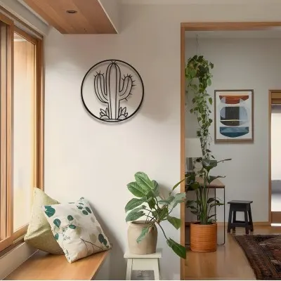 Metal Kaktüs Duvar Sanatı, Minimalist Yuvarlak Duvar Dekoru, Oturma Odası İçin Bohem Çöl Temalı Sanat, Modern Siyah Metal Duvar Süsü, Ev Dekoru Tutkunlarına Hediye